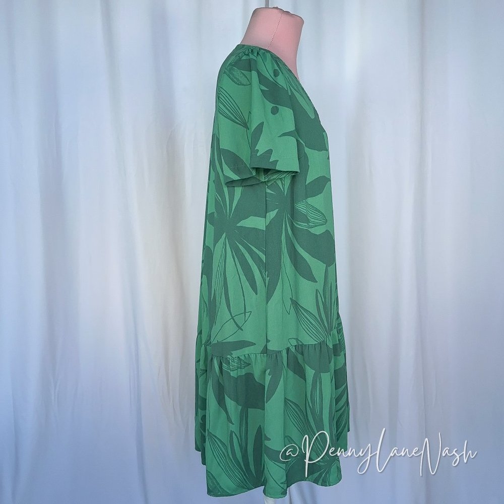 A New Day Leaf Print Short Sleeve Mini Ruffle Hem Dress - Picture 5 of 9